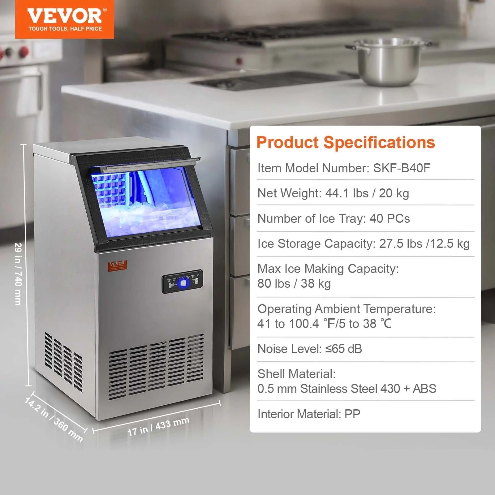 VEVOR Commercial Ice Maker, 80Lbs/24H, Ice Maker Machine, 40 Ice Cubes in 12-15 Minutes, Freestanding Cabinet Ice Maker with 27.5Lbs Storage Capacity LED Digital Display, for Bar Home Office Restaurant