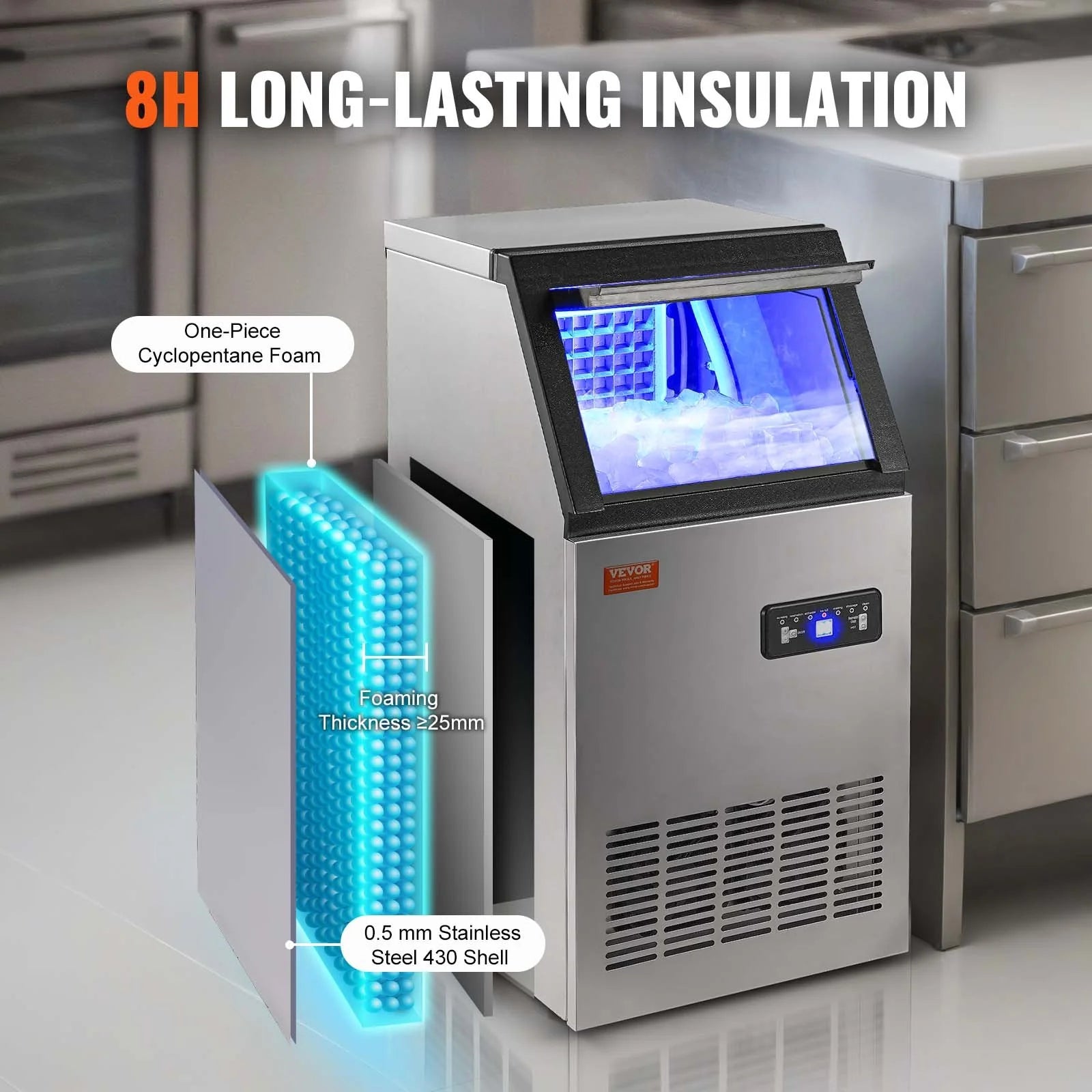 VEVOR Commercial Ice Maker, 80Lbs/24H, Ice Maker Machine, 40 Ice Cubes in 12-15 Minutes, Freestanding Cabinet Ice Maker with 27.5Lbs Storage Capacity LED Digital Display, for Bar Home Office Restaurant